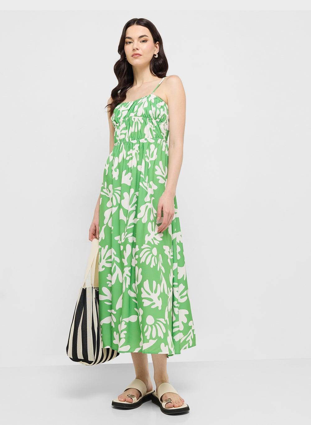 Floral Print Midi Dress with Ruched Bodice - Image 1