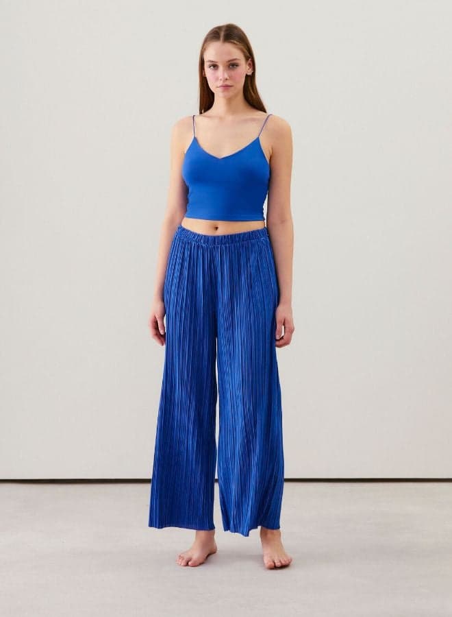 Mid Blue Pleated Wide-Leg Pyjama Trousers - Image 1