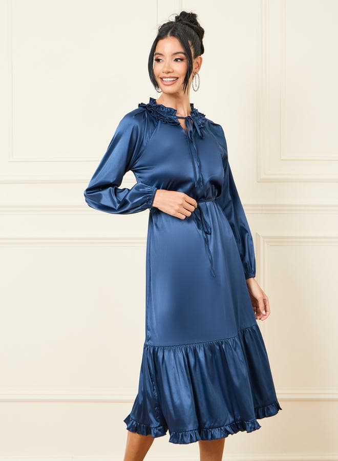 Styli Satin Tie-Neck A-Line Midi Dress - Image 1