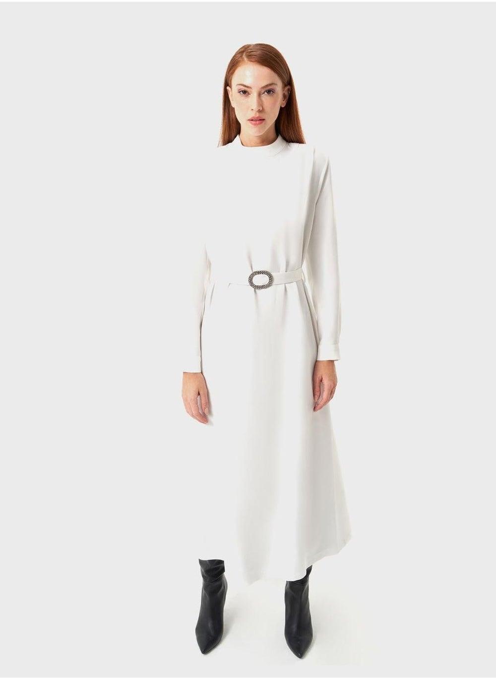 Belted White Midi Dress with High Neckline - Image 1