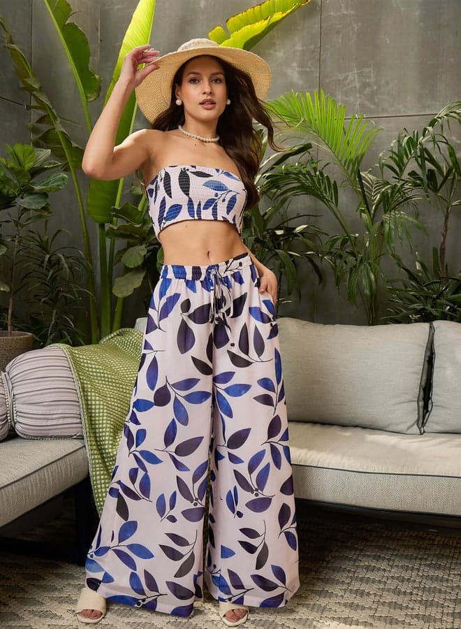 SASSAFRAS White Leaf Print Tube Top Pants Co-Ord Set - Image 1