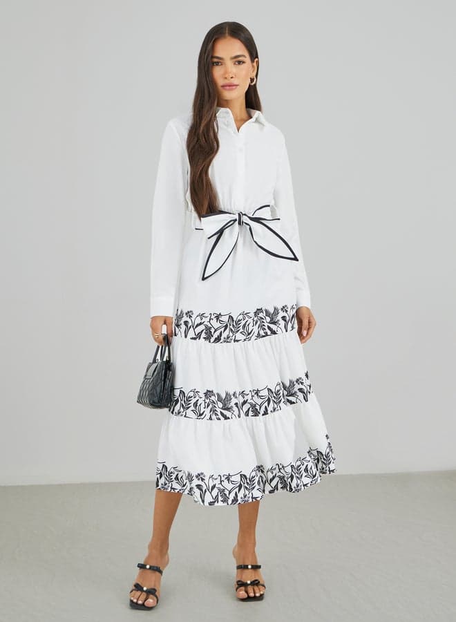 Printed Tiered Midi Dress with Belt - Image 1