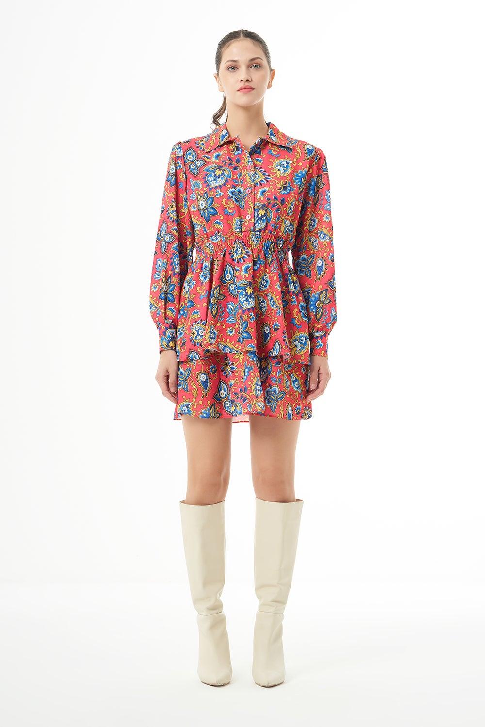 Floral Tiered Mini Dress with Collared Long Sleeves - Image 1