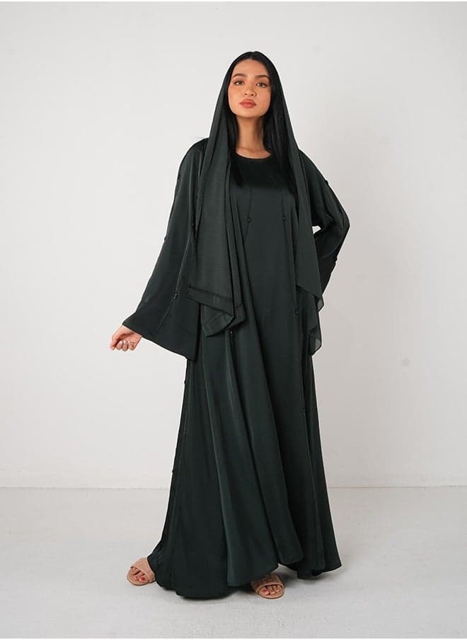 Dark Green Soft Satin Embellishment 3-Piece Open Abaya Set - Image 1