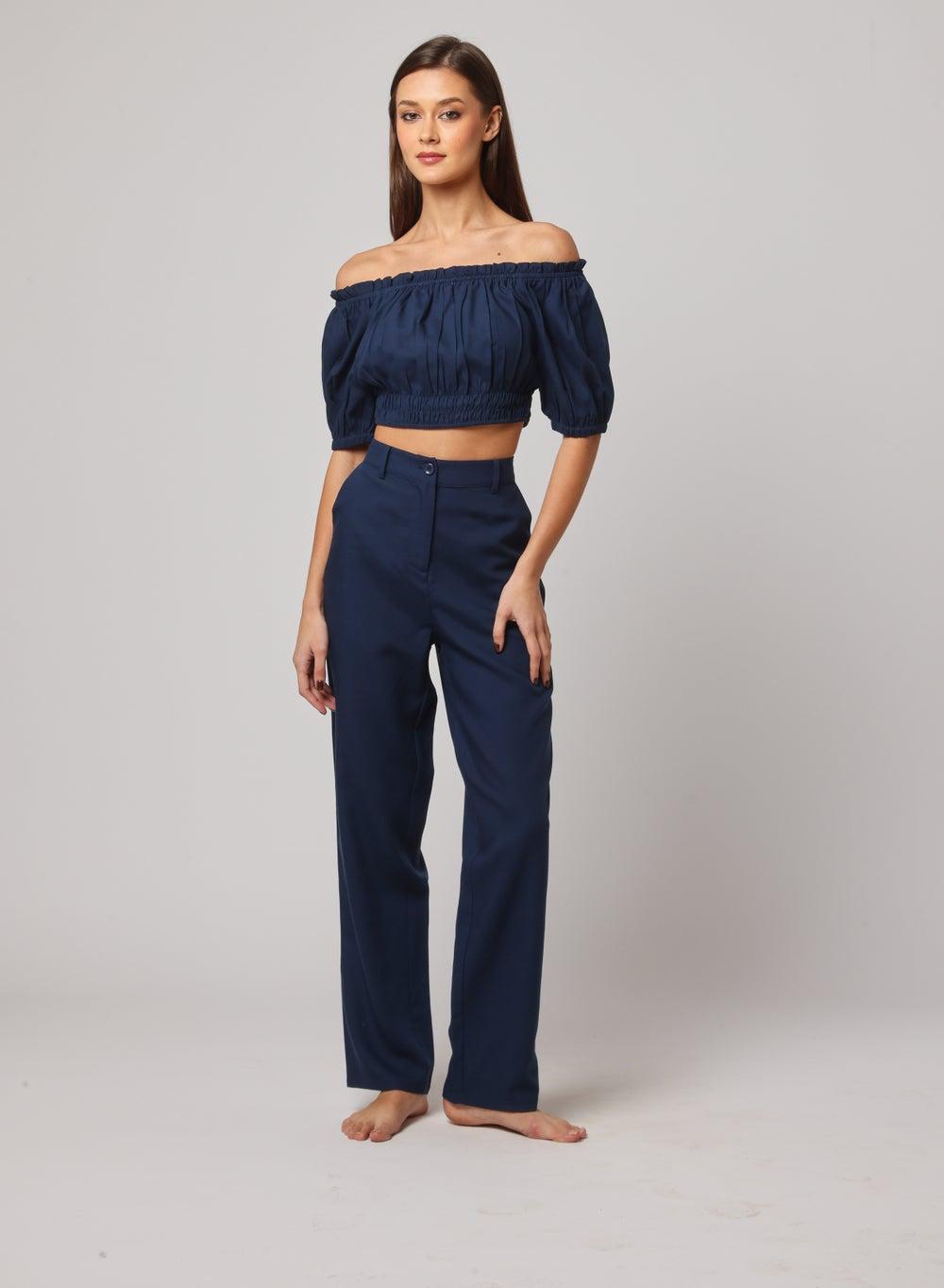 Off-Shoulder Smocked Hem Linen Blend Crop Top - Image 1