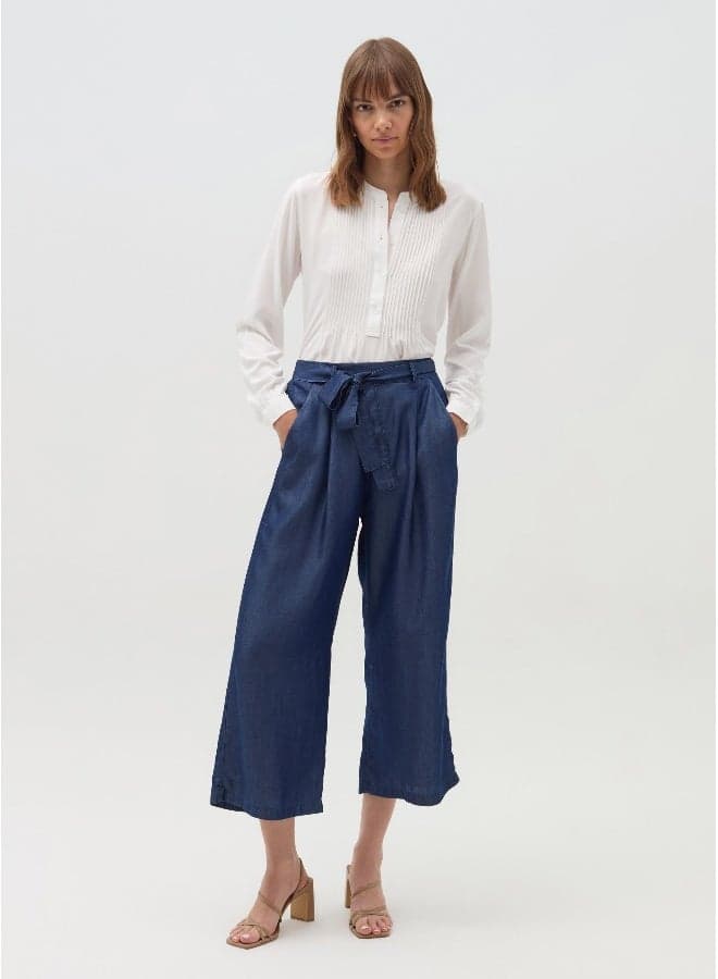 Denim-Effect Fluid Trousers with Front-Tied Belt - Image 1