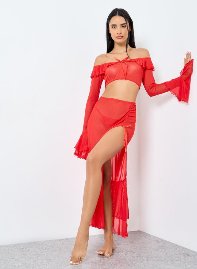 Styli Off Shoulder Ruffled Thigh Slit Lingerie Set - Image 1
