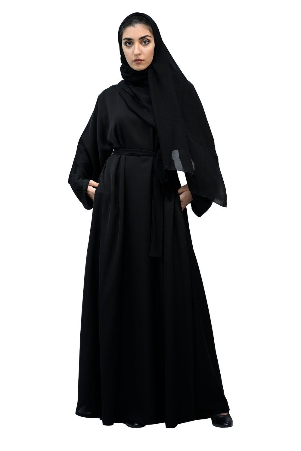 Elegant Black Abaya with Belt and Hijab 716 - Image 1