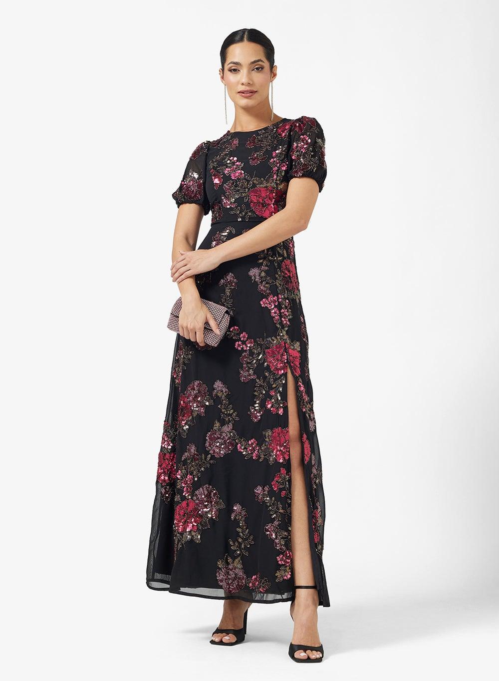 Floral Embellished Puff Sleeve Side Slit Maxi Dress - Image 1