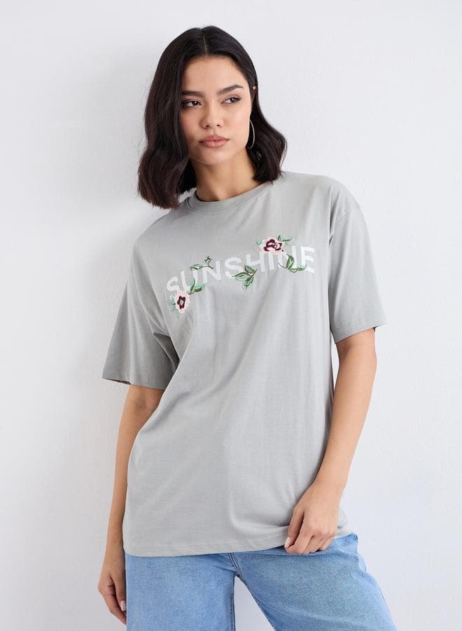Styli Embroidered Slogan Oversized Short Sleeve T-Shirt - Image 1
