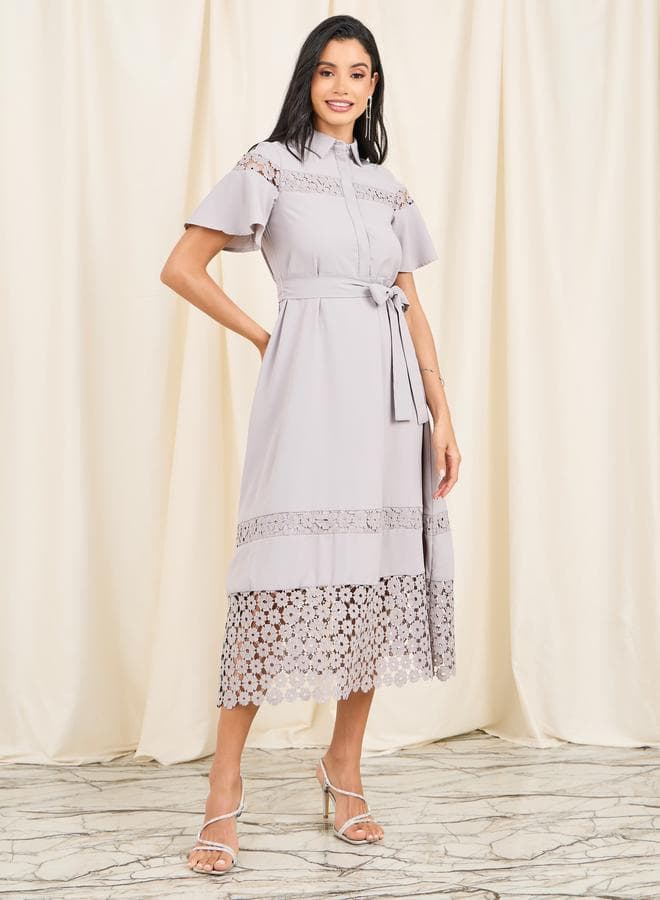 Styli Lace Detail Collared Midi Dress with Self Tie Up - Image 1