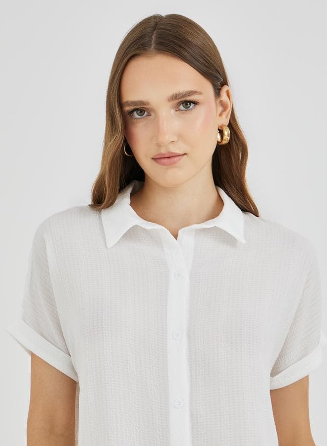 Texture Spread Collar Short Sleeve Shirt - Image 1