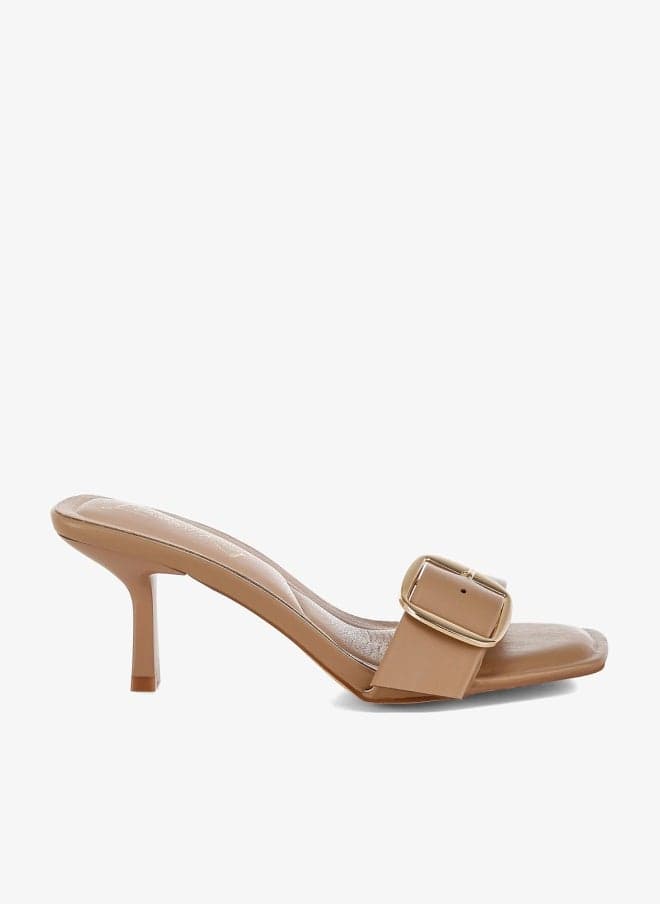 Tan Buckle Strap Slip On Heeled Sandals - Image 1