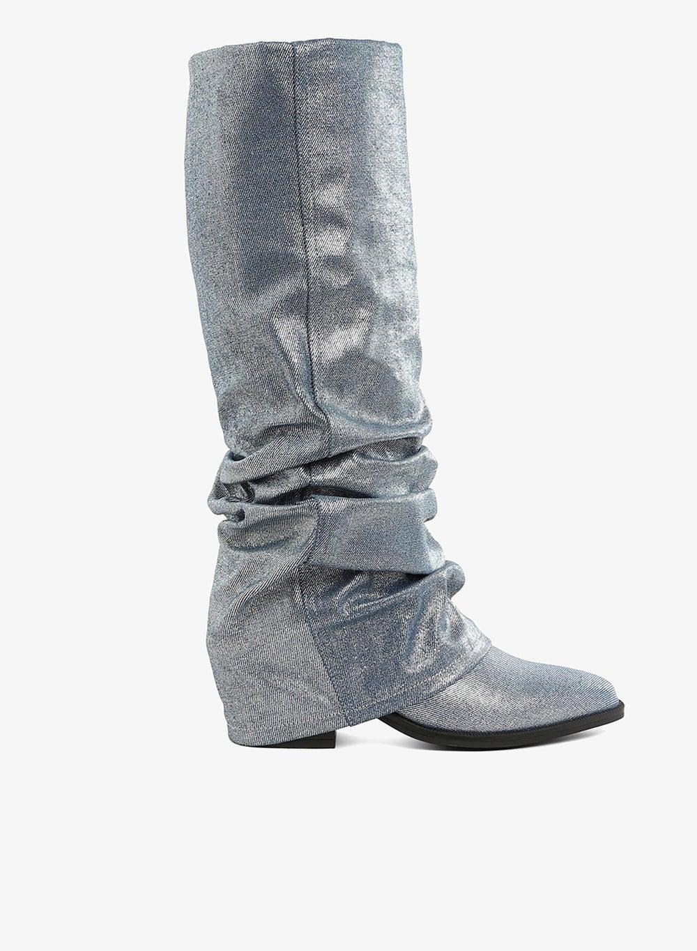 Blue Fold-Over Slouchy Denim Boot with Block Heel - Image 1