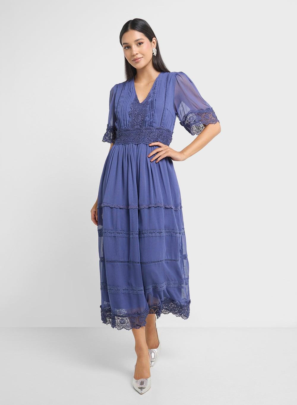 Lace Trimmed Periwinkle Midi Dress - Image 1