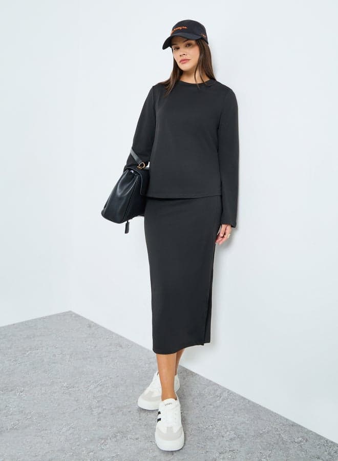 Styli Black Knit Top and Midi Skirt Co-Ord Set - Image 1