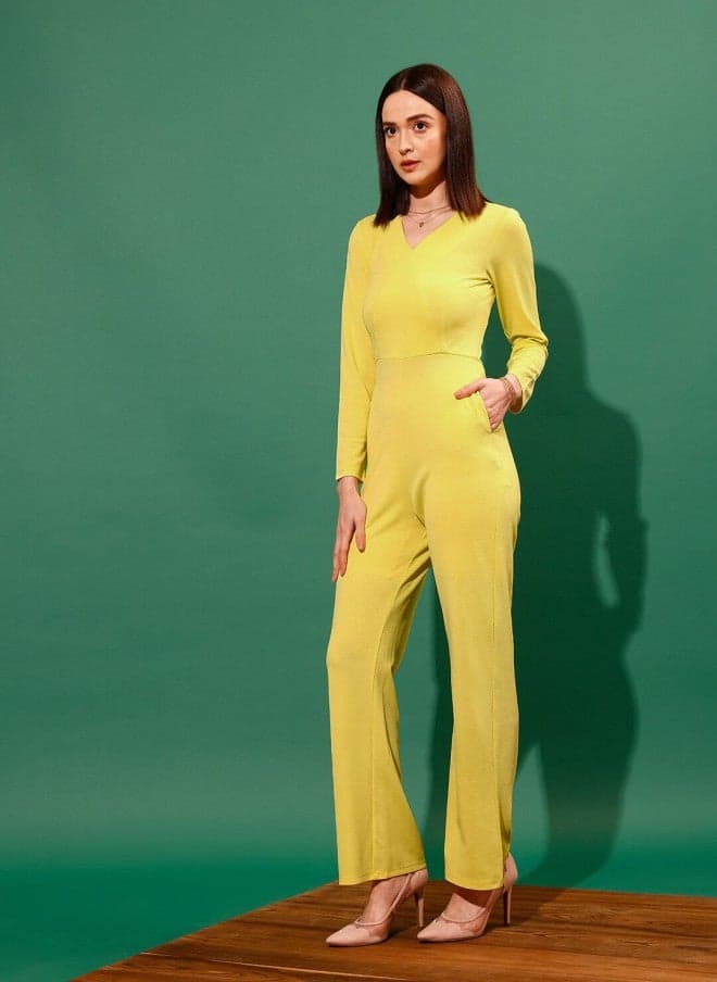 Yellow V-Neck Wrap Jumpsuit with Pockets for Women - Image 1