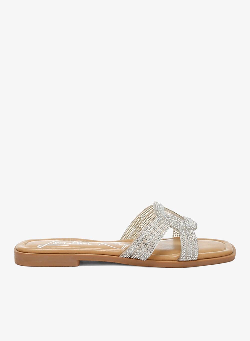 Silver Rhinestone Embellished Flat Sandals - Image 1