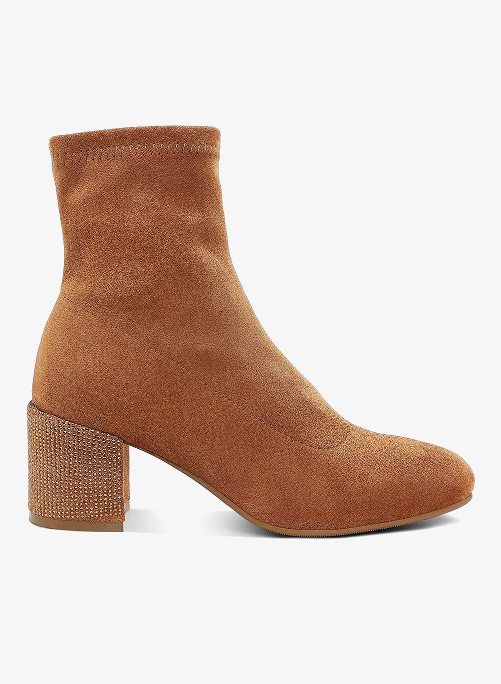 London Rag Tan Rhinestone Block Heel Ankle Boots - Image 1