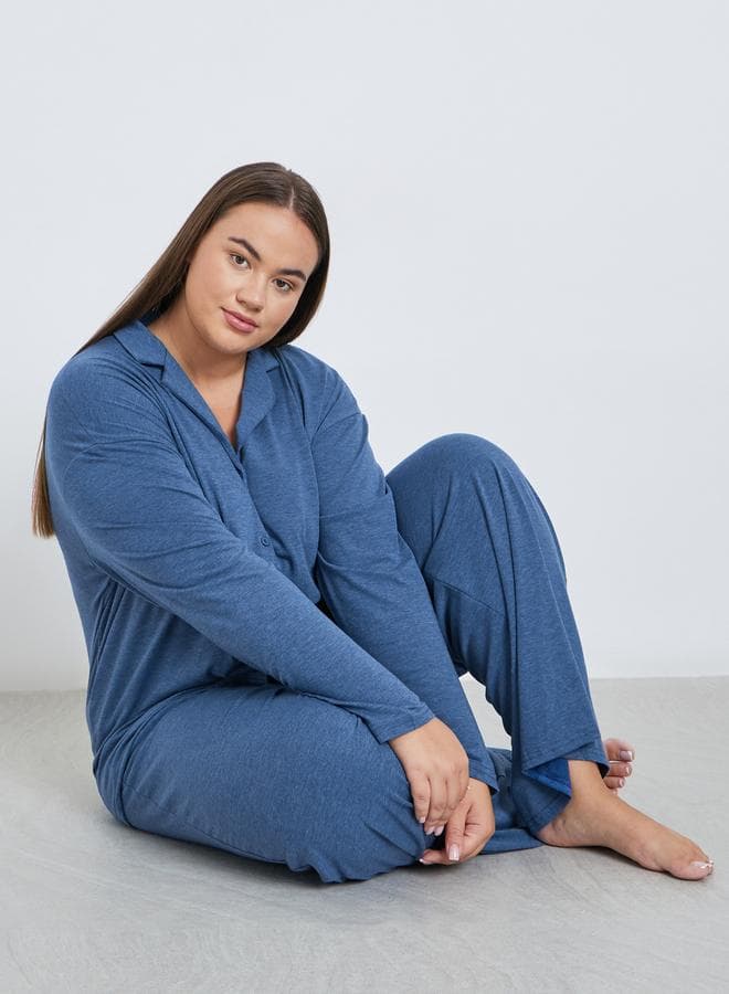 Styli Plus Melange Shirt & Wide Leg Pyjama Set - Image 1