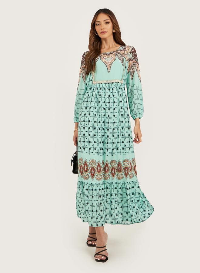 Printed Tiered Maxi Dress with Long Sleeves - Image 1