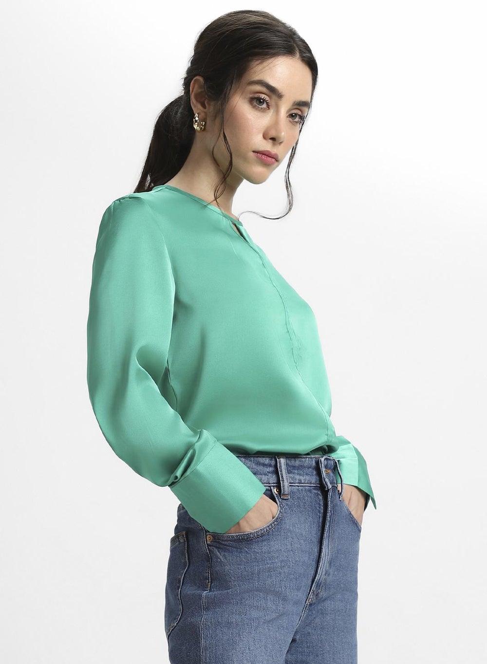 Green Satin Crepe Regular Fit Women’s Tank Top - Image 1