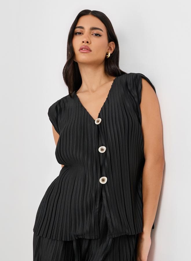 Styli Pleated V-Neck Buttoned Waistcoat - Image 1