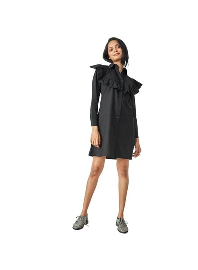 Ruffle Full Sleeve Mini Dress with Collar Neck - Image 1