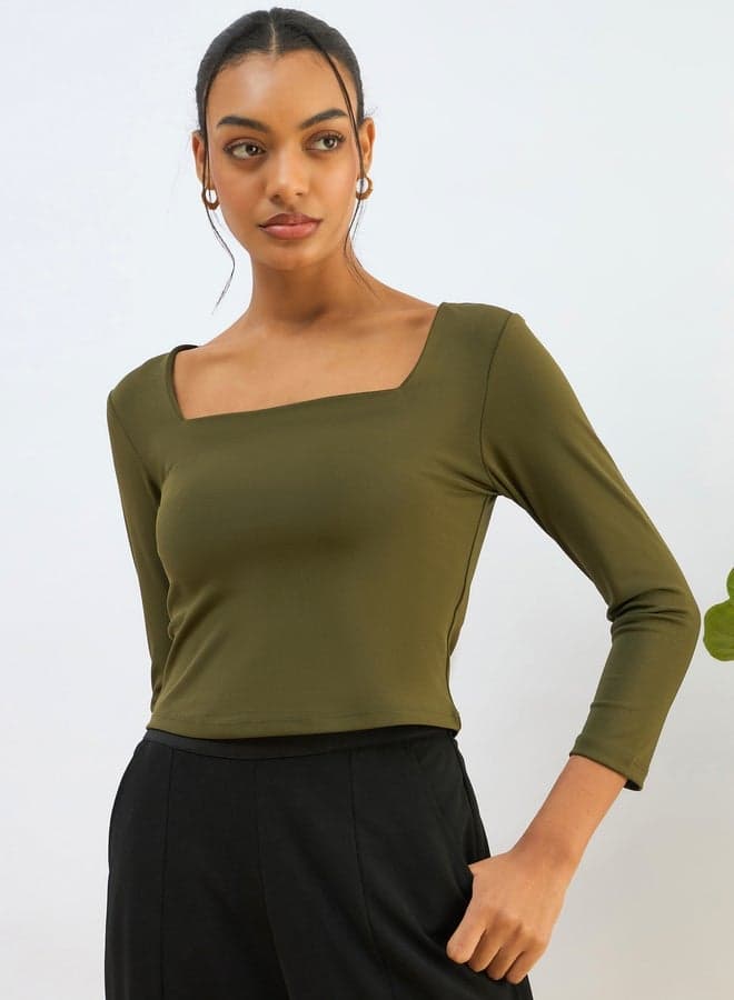 SASSAFRAS Olive Square Neck Knitted Crop Top - Image 1