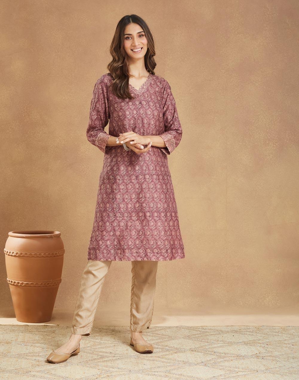 Purple Cotton Silk Hand Block Printed Knee Length Kurta - Image 1
