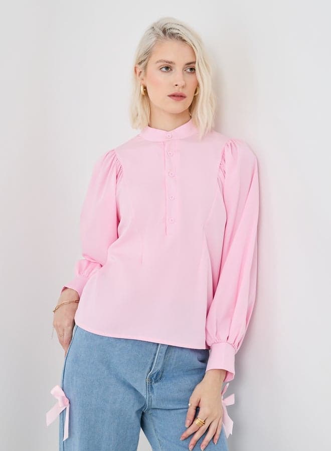 Solid Balloon Sleeve Buttoned Blouse - Image 1