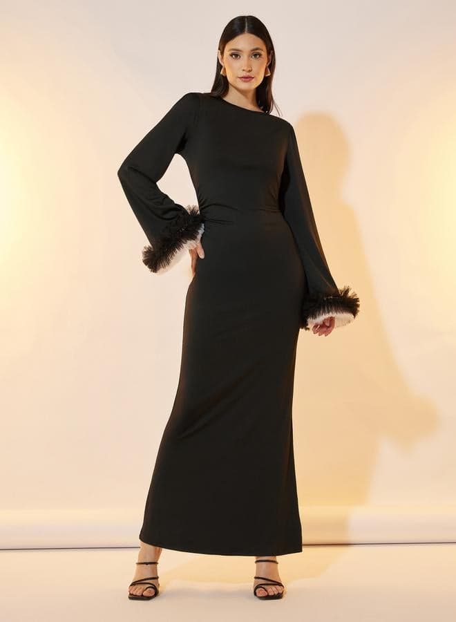 Layered Mesh Frill Cuff Trumpet Sleeve Maxi Dress - Image 1