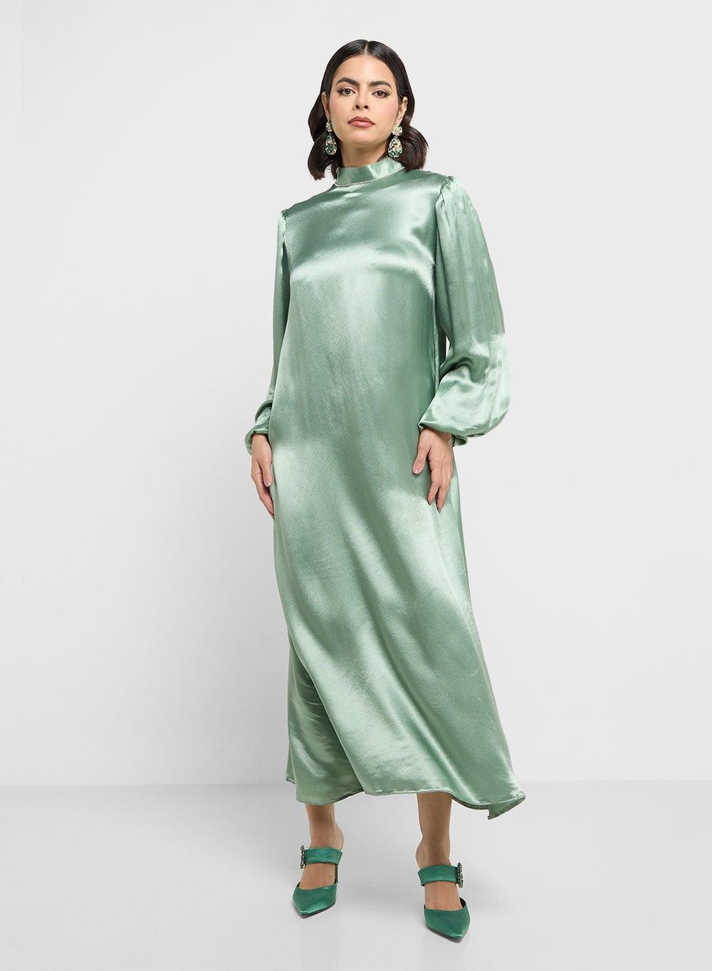 Light-Green Satin High-Neck Midi Dress - Image 1