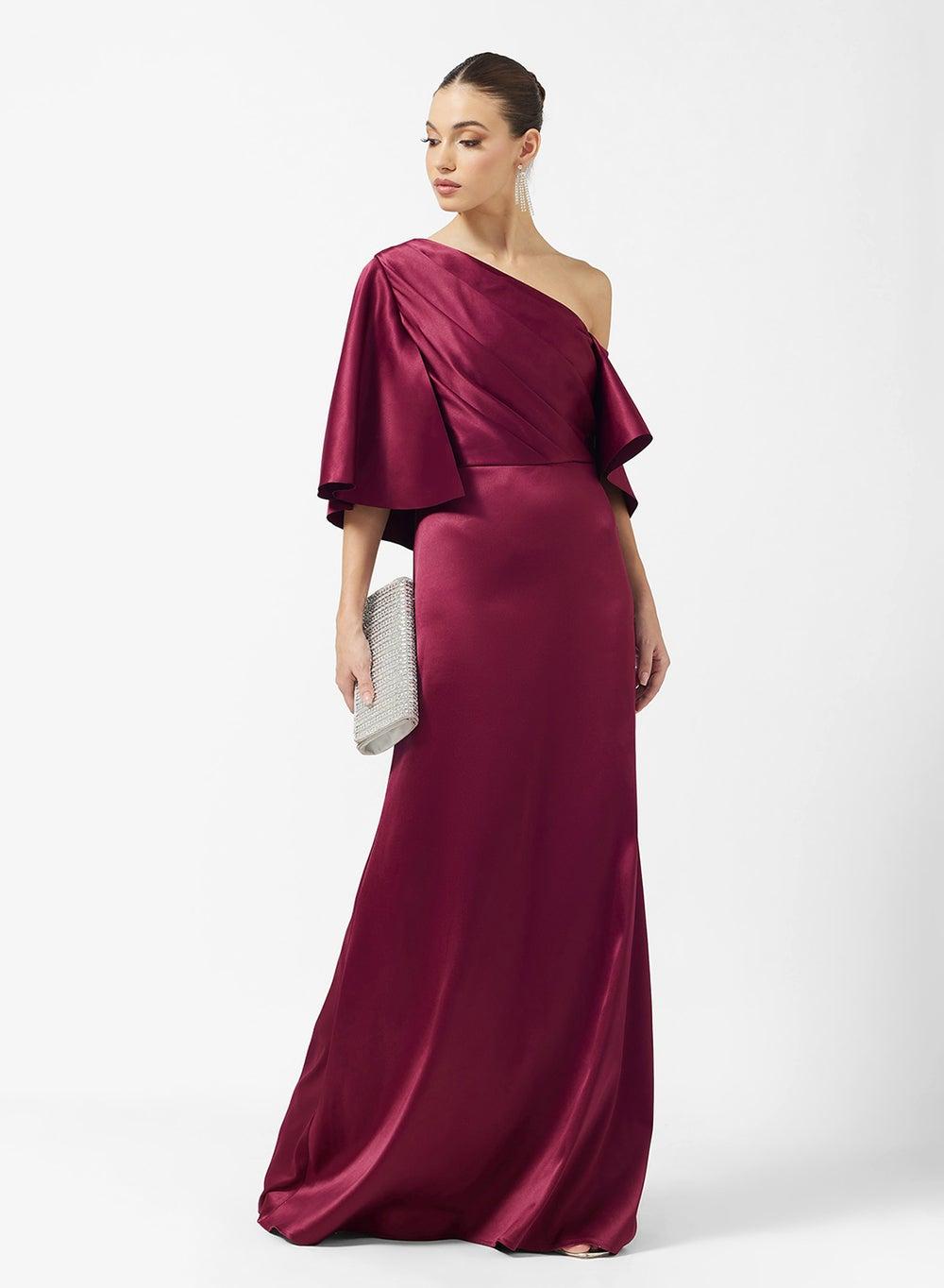 Asymmetric Shoulder Draped A-Line Maxi Dress - Image 1