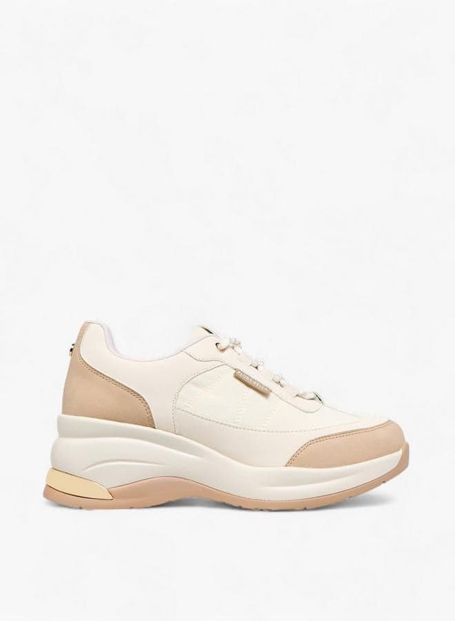 Women Panelled Wedge Heel Lace-Up Sneakers - Image 1