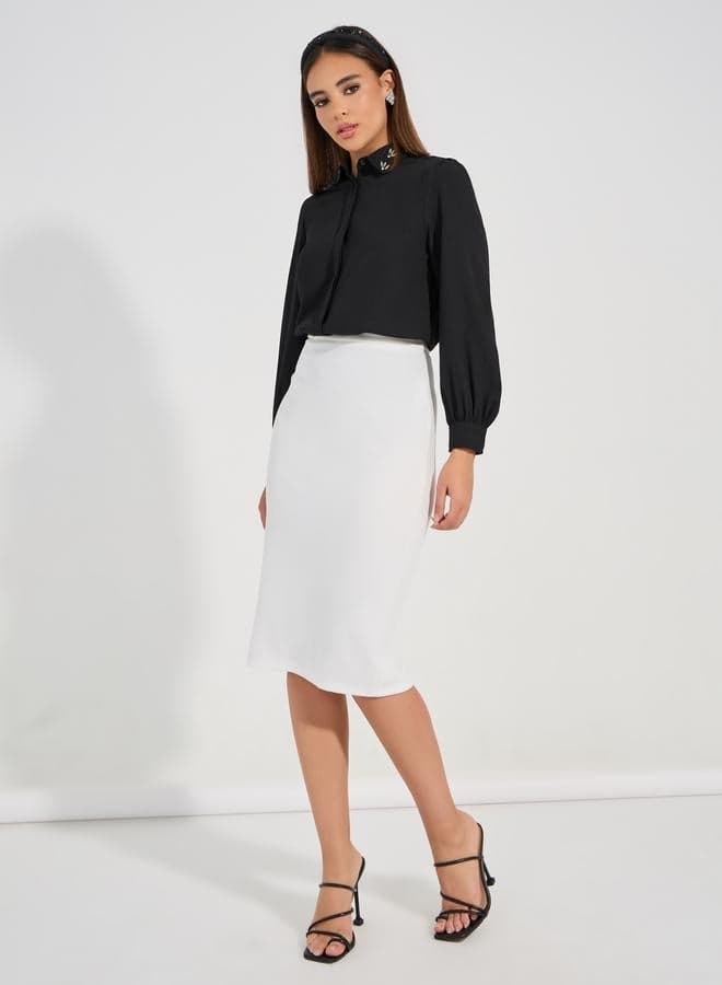 Embellished Collar Woven Crepe Button-Down Shirt - Image 1