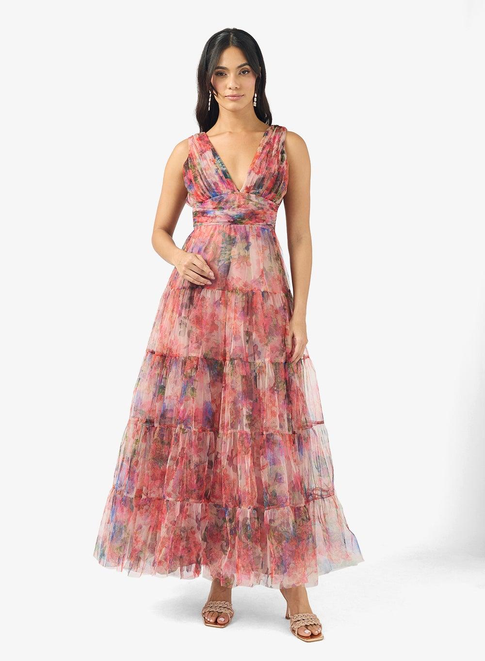 Candace Plunging Neck Frill Detail Maxi Dress - Image 1