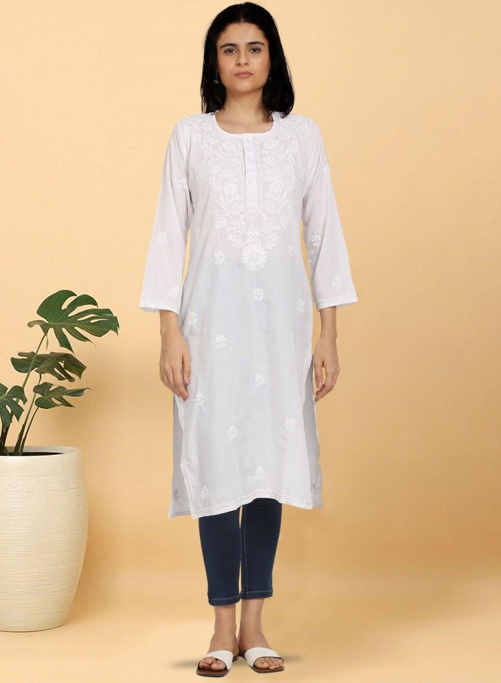 Hand Embroidered Chikankari Cotton Straight Kurta ALNTV115 - Image 1