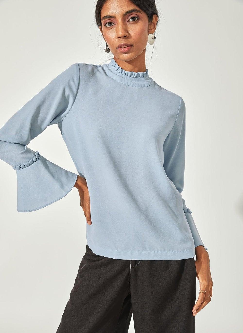 Powder Blue Triple Back-Tie Bow Blouse - Image 1