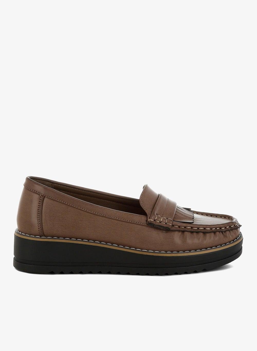 Taupe Fringed Nubuck Faux Leather Loafers - Image 1