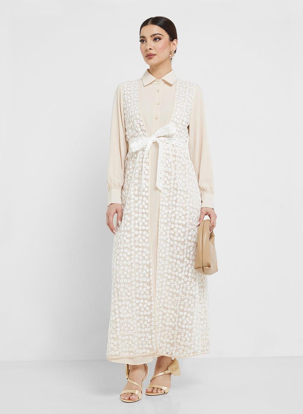 Floral Overlay Beige Maxi Dress - Image 1