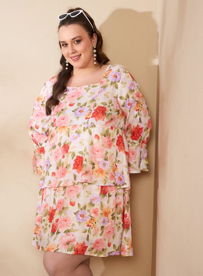 SASSAFRAS Plus Size Floral Tiered Short Dress - Image 1
