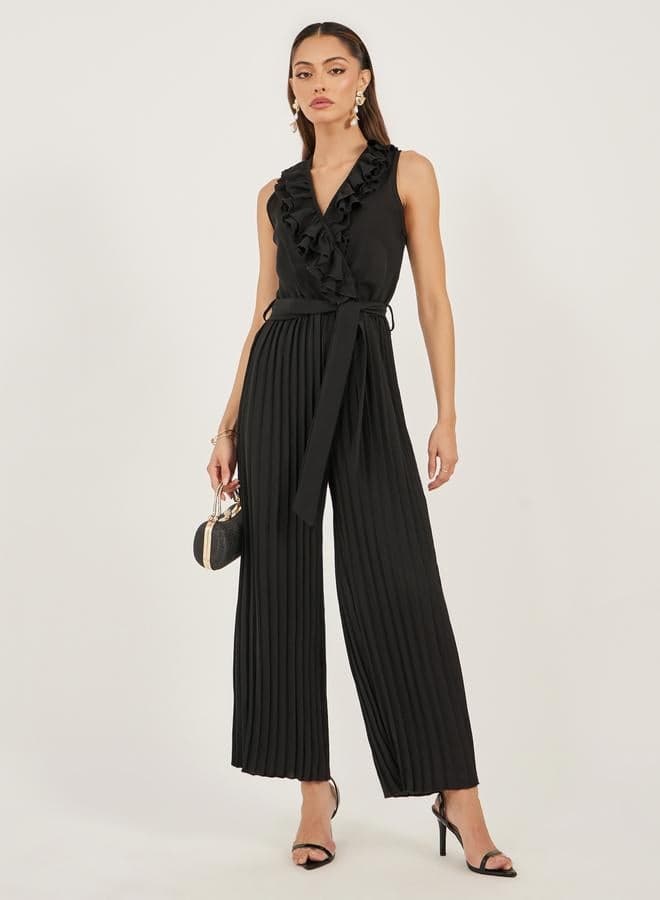 Black Striped Wide Leg Jumpsuit for Women - Image 1