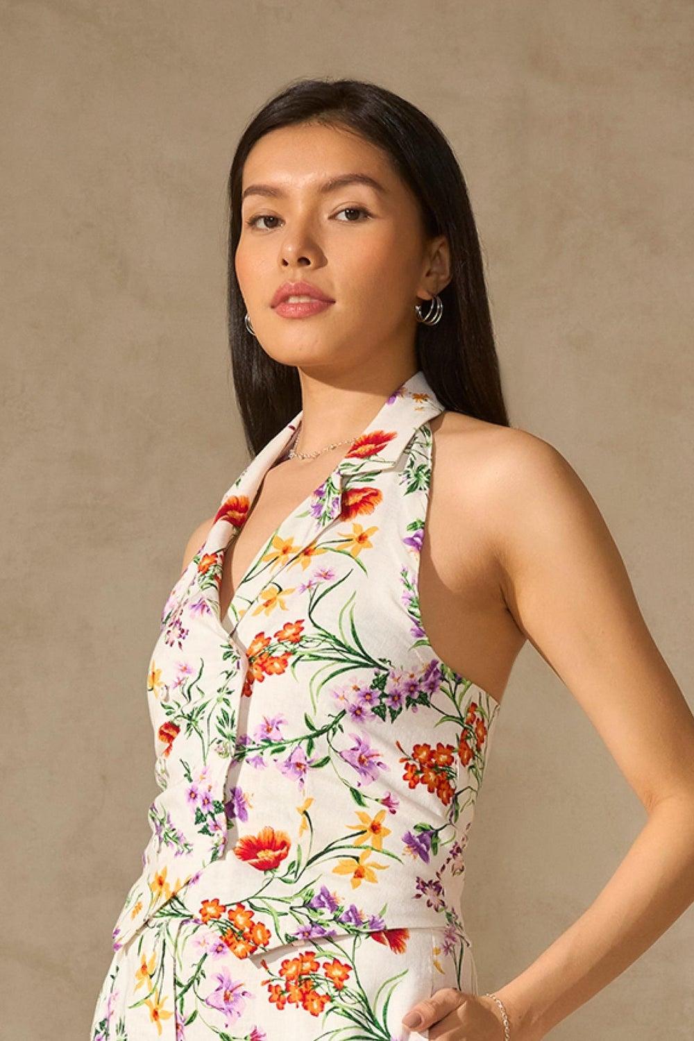 Floral Linen Halter Vest for Women - Image 1