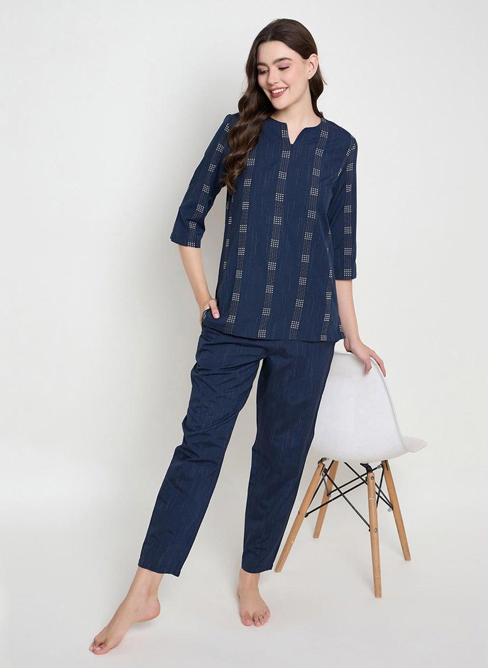 Clovia Navy Printed Cotton Top & Pyjama Set - Image 1