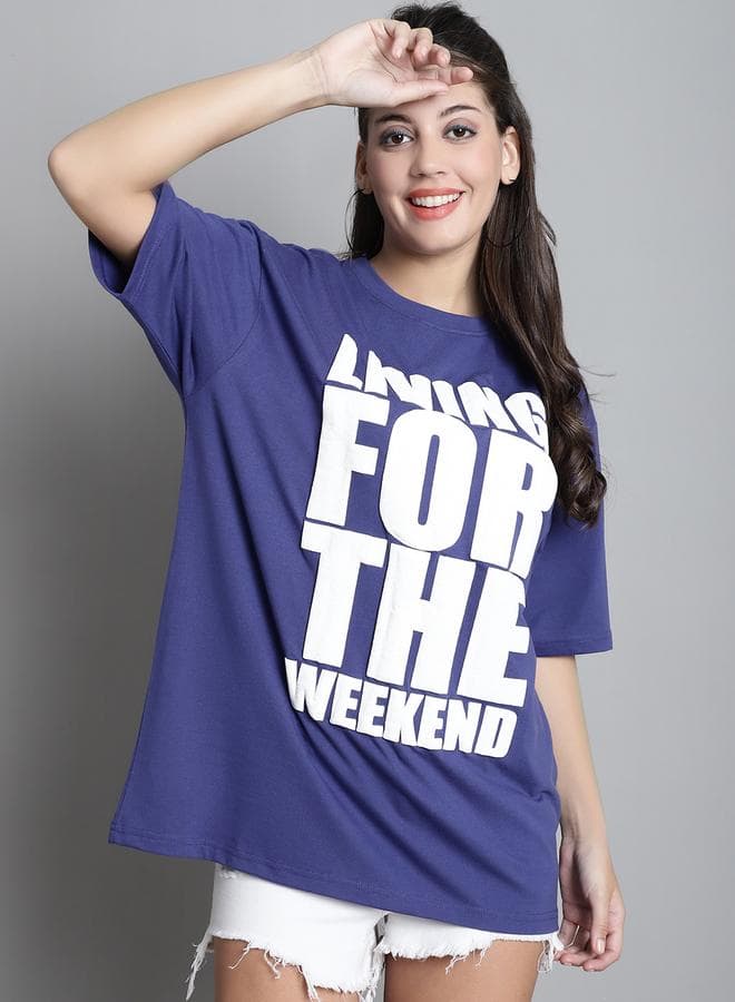 Navy Blue Oversized Slogan Print T-Shirt - Image 1