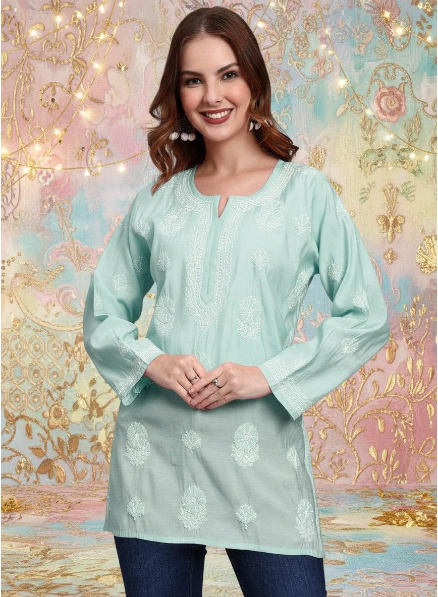 Hand Embroidered Chikankari Chanderi Kurti AL4090 - Image 1