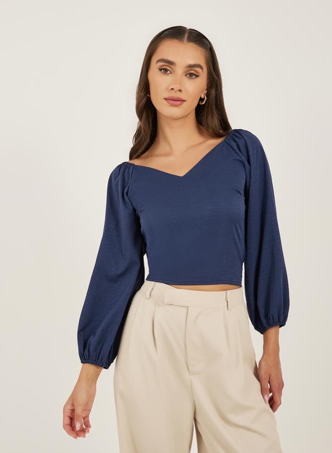 Plain Cuffed Sleeve V-Neck Cropped Top - Image 1