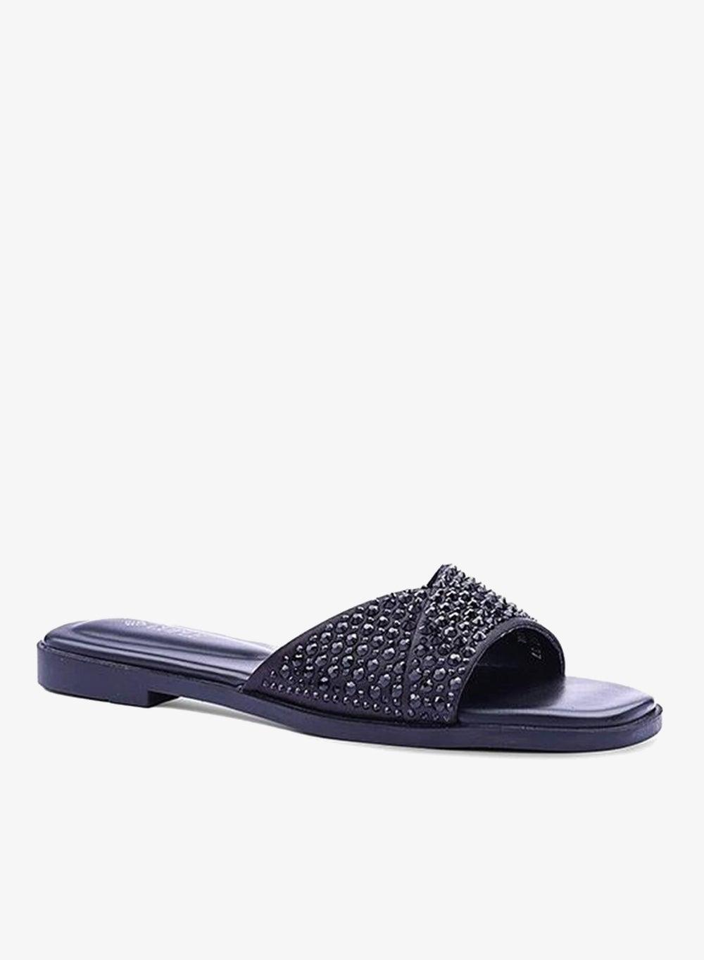 Women’s Cross-Strap Rhinestone Flat Slide Sandals - Image 1