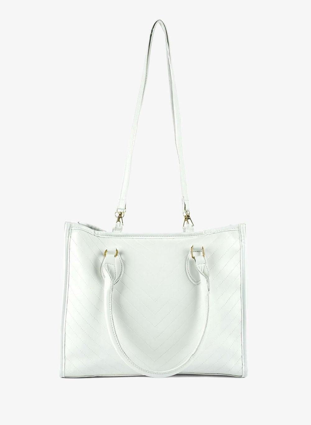 White Chevron Quilted Tote Bag with Zipper - Image 1